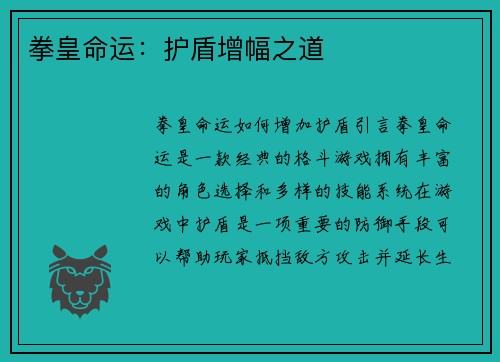 拳皇命运：护盾增幅之道